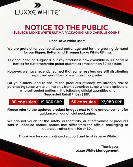 Luxxe White Ultima 30 & 60 Capsules Official Bottles & Labels