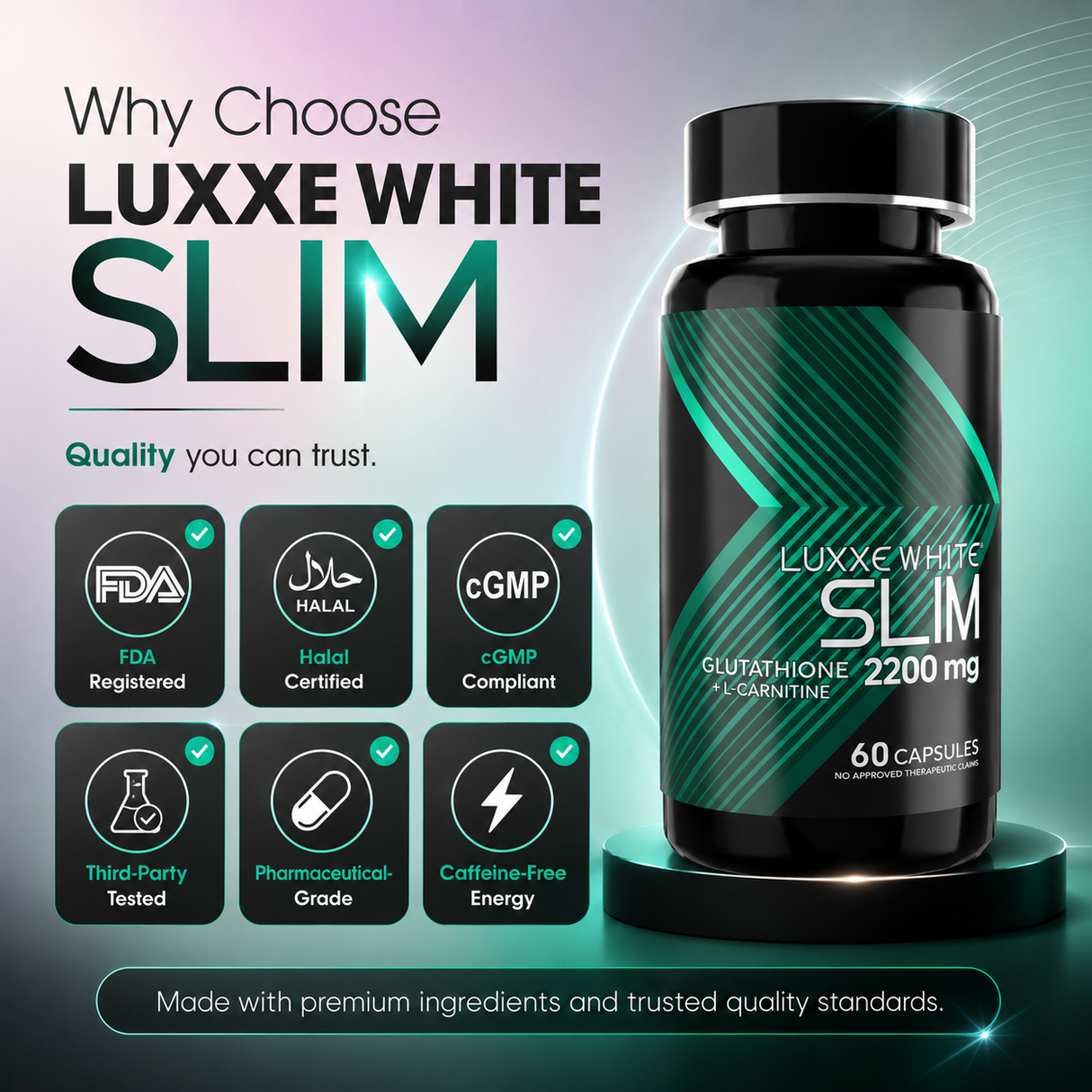 Luxxe White Slim: 5-in-1 Metabolic Transformation - Glutathione + L-Carnitine + Garcinia + Cordyceps + Lion's Mane 2200mg