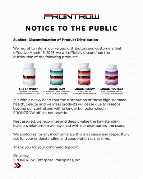 Frontrow Discontinuation of Luxxe Products Distribution Effective March 15, 2025